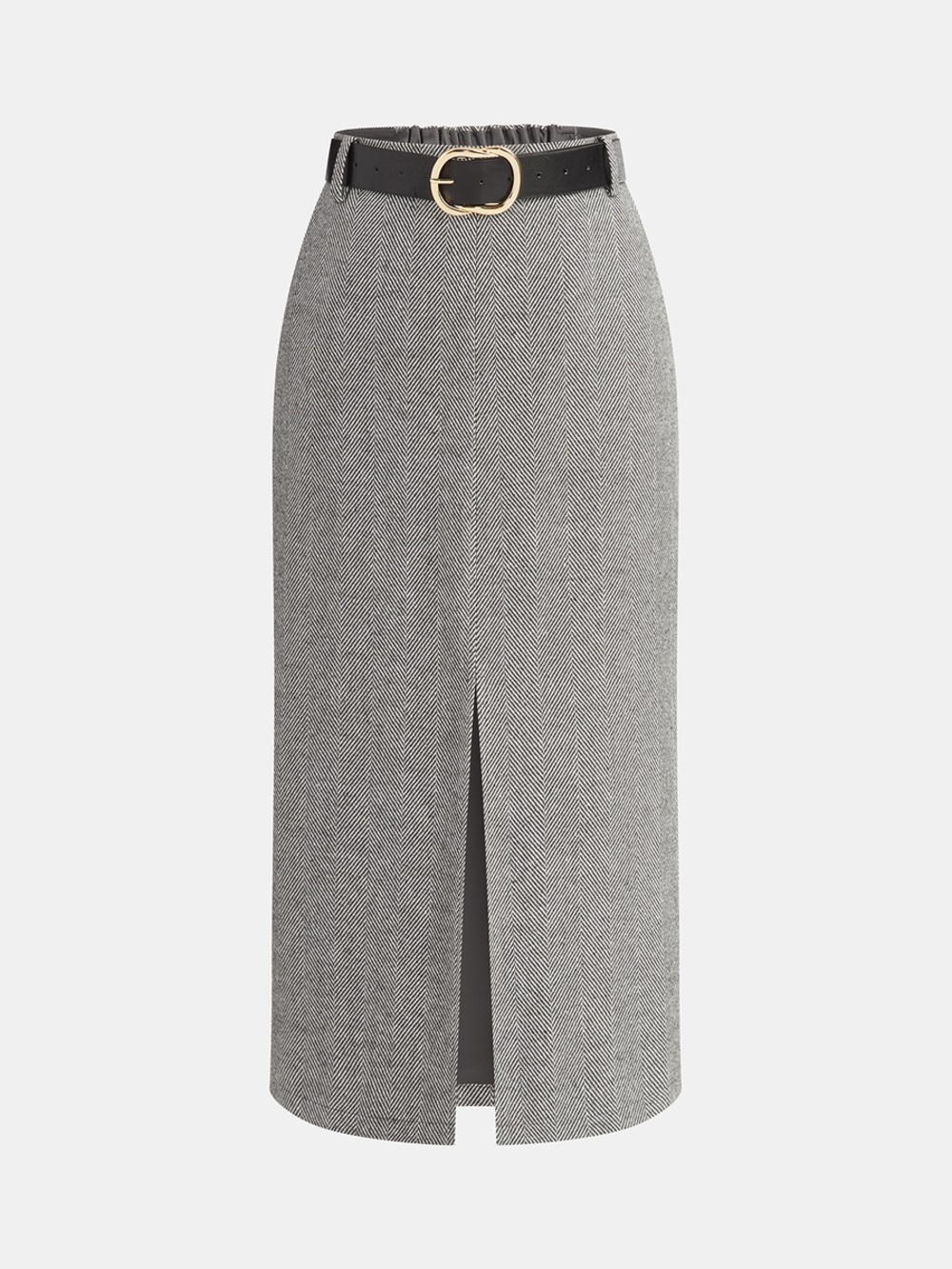 COMMENSE Belted Herringbone Front Slit Midi Skirt